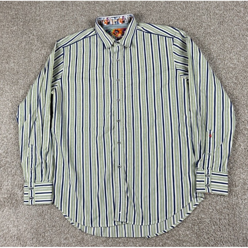 Robert Graham‎ Shirt Mens Large Green Striped Long Sleeve Button Up Flip Cuff